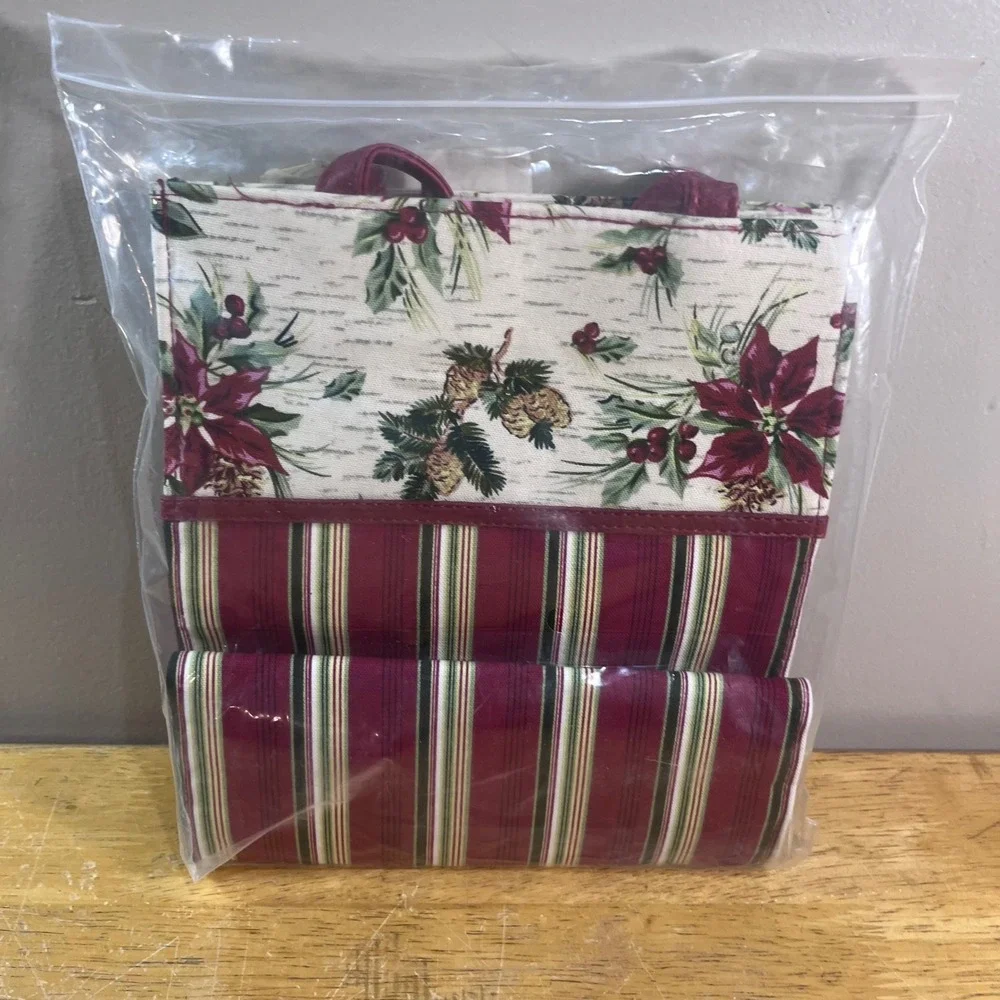 Longaberger‎ Holiday Gift Bag Vtg Holiday Stripe Botanical Fabric Tote 23540 NEW